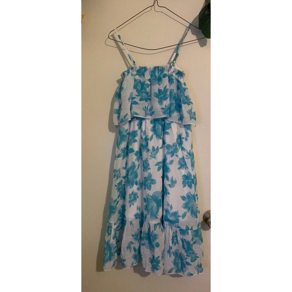 Women’s Blue Floral Hawaiian SunDress Size S Tiered Maxi Spaghetti Strap Festiv - Picture 2 of 7